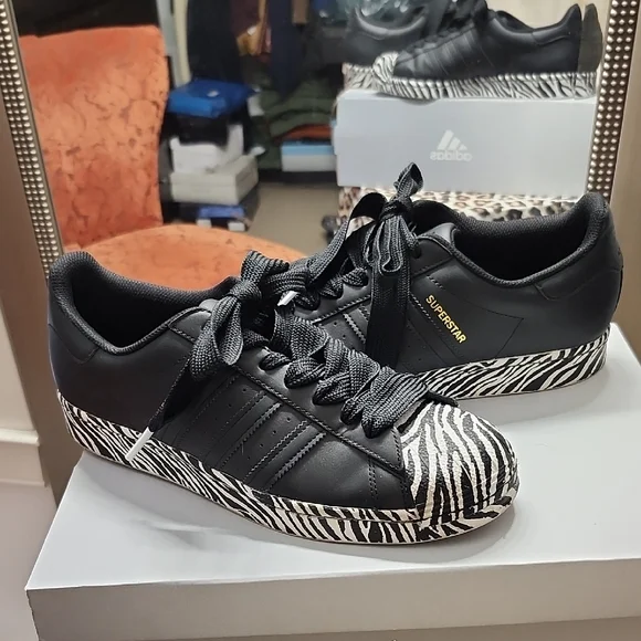 Adidas Superstar Black Zebra Pattern Sneakers - Picture 1 of 5